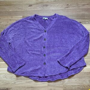Umgee Drop Shoulder Oversized Purple Button-Up Chenille Cardigan